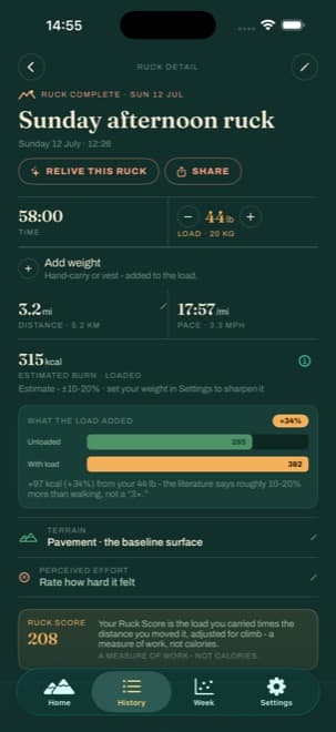 A ruck detail screen showing distance, pace, calories, and the load-versus-unloaded comparison