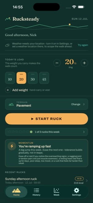 The Rucksteady home screen with the load selector, a start-ruck button, and weekly momentum