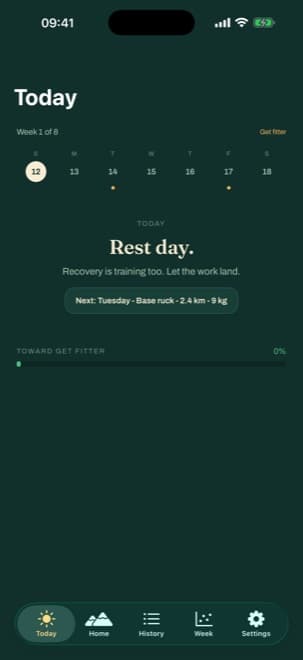 The Rucksteady Today coach home: week 1 of 8 toward a Get fitter goal, the week strip, and today's prescribed ruck